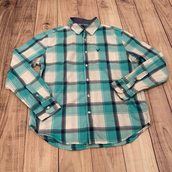 American Eagle Outfitters Teal and White Plaid Classic fit Shirt/size L - Picture 1 of 10